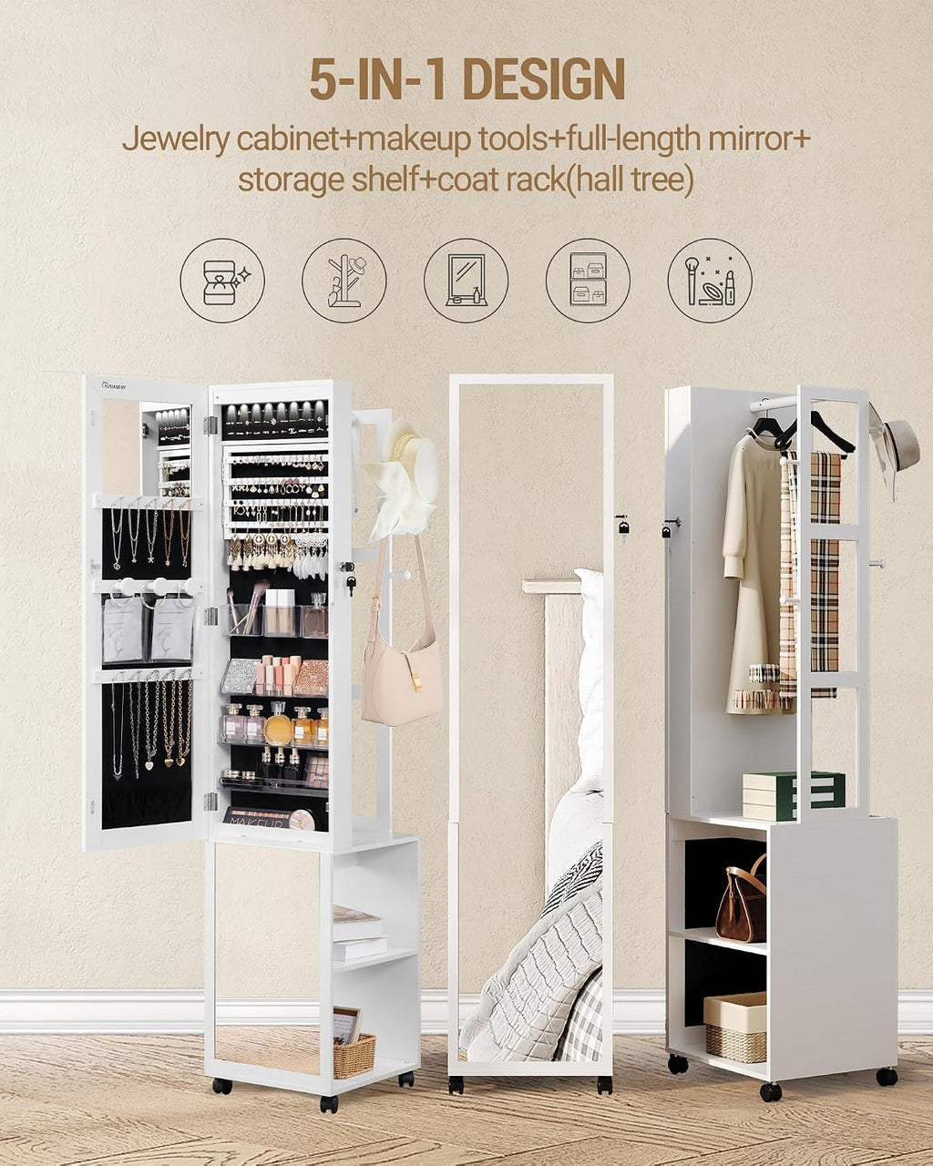 Hzuaneri 8 LEDs Jewelry Cabinet Armoire, 66.9-inch Jewelry Organizer | Lockable Full-length Mirror with Garment Rack & 4 Wheels, Storage Shelves with Hooks, 5-in-1, White and Beige JC17003B