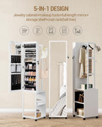 Hzuaneri 8 LEDs Jewelry Cabinet Armoire, 66.9-inch Jewelry Organizer | Lockable Full-length Mirror with Garment Rack & 4 Wheels, Storage Shelves with Hooks, 5-in-1, White and Beige JC17003B