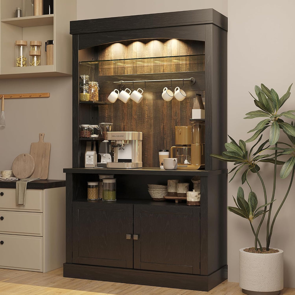 Takywep Tall Coffee Hutch with LED Lights Tall CoffeeBar Cabinet Farmhouse Bu...