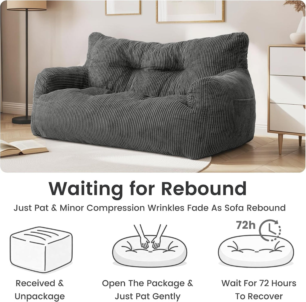 Pamapic 59 Inch 2-Seater Corduroy Bean Bag Chair,Loveseat Sofa with Ultra Soft Fluffy Cover, 72H High Resilience Foam Sofa Bed for Adults, Suitable for Living Room, Bedroom,Grey