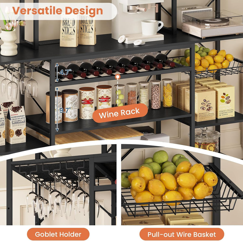 62.4in Large Bakers Rack with Power Outlet, Wide Kitchen Microwave Stand with Storage Shelves, 5-Tier Coffee Bar, Wine Rack, Goblet Holder, 8 Hooks, Wire Basket(Black)