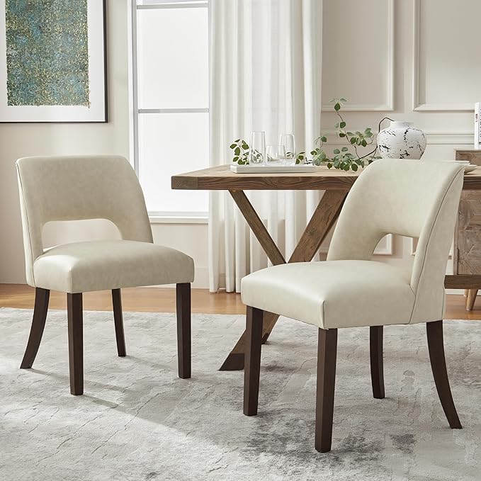 VKNOW Modern Dining Chairs Set of 2, Faux Leather Upholstered Dining Room Chair Kitchen Chairs, Farmhouse Dinner Chair for Kitchen Dining Room, Beige