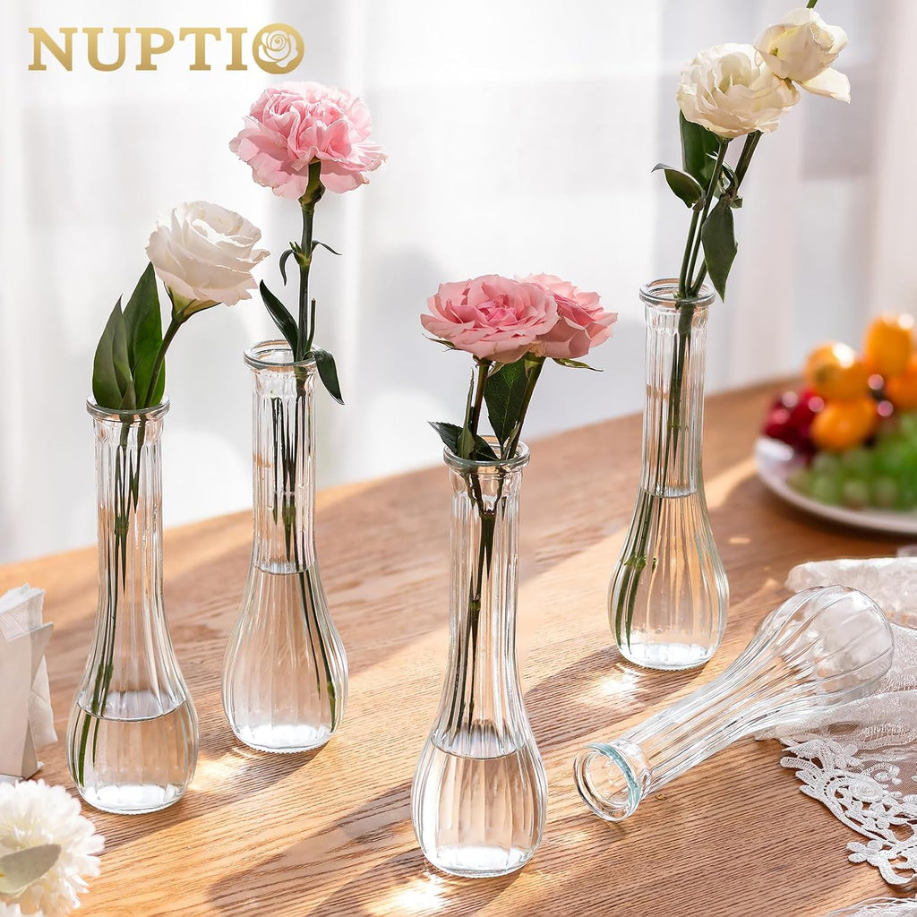NUPTIO Glass Bud Vases Centerpiece Bulk, 8.5" Tall, Clear, Set of 3 | Cute Ribbed Flower Vase, for Wedding, Birthday, Party, Events, Home, Table Decor