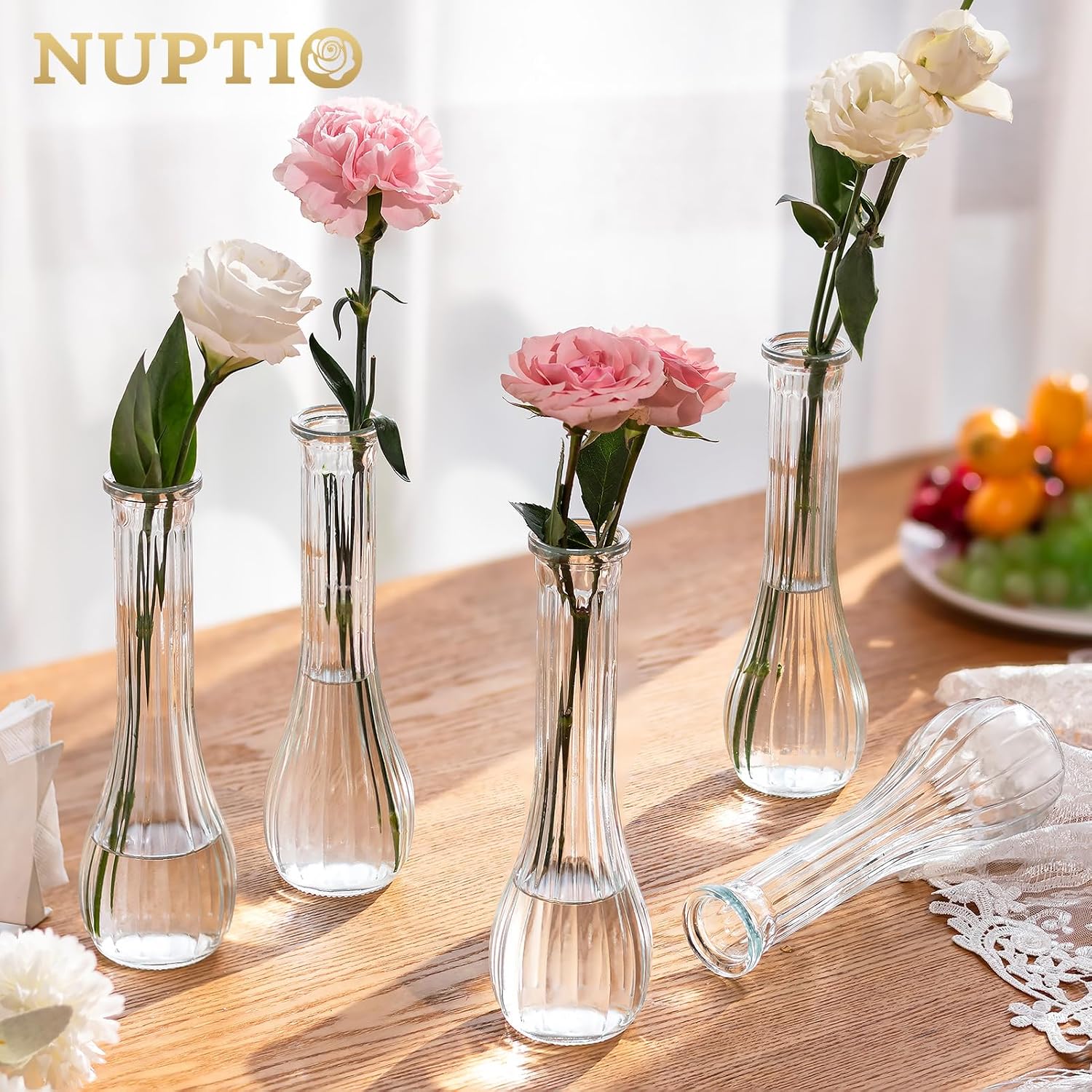 NUPTIO Glass Bud Vases Centerpiece Bulk, 8.5" Tall, Clear, Set of 3 | Cute Ribbed Flower Vase, for Wedding, Birthday, Party, Events, Home, Table Decor