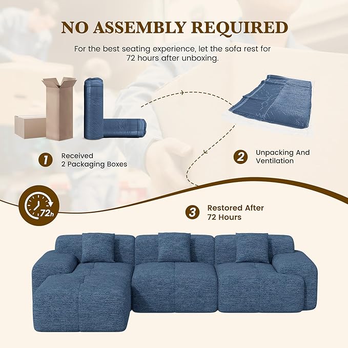 122" L Shaped Convertible Modular Couch, Cloud Couch Sectional with Ottoman, 4-Seater Chenille Boneless Couches for Living Room, Apartment, No Assembly, Blue 1PCS