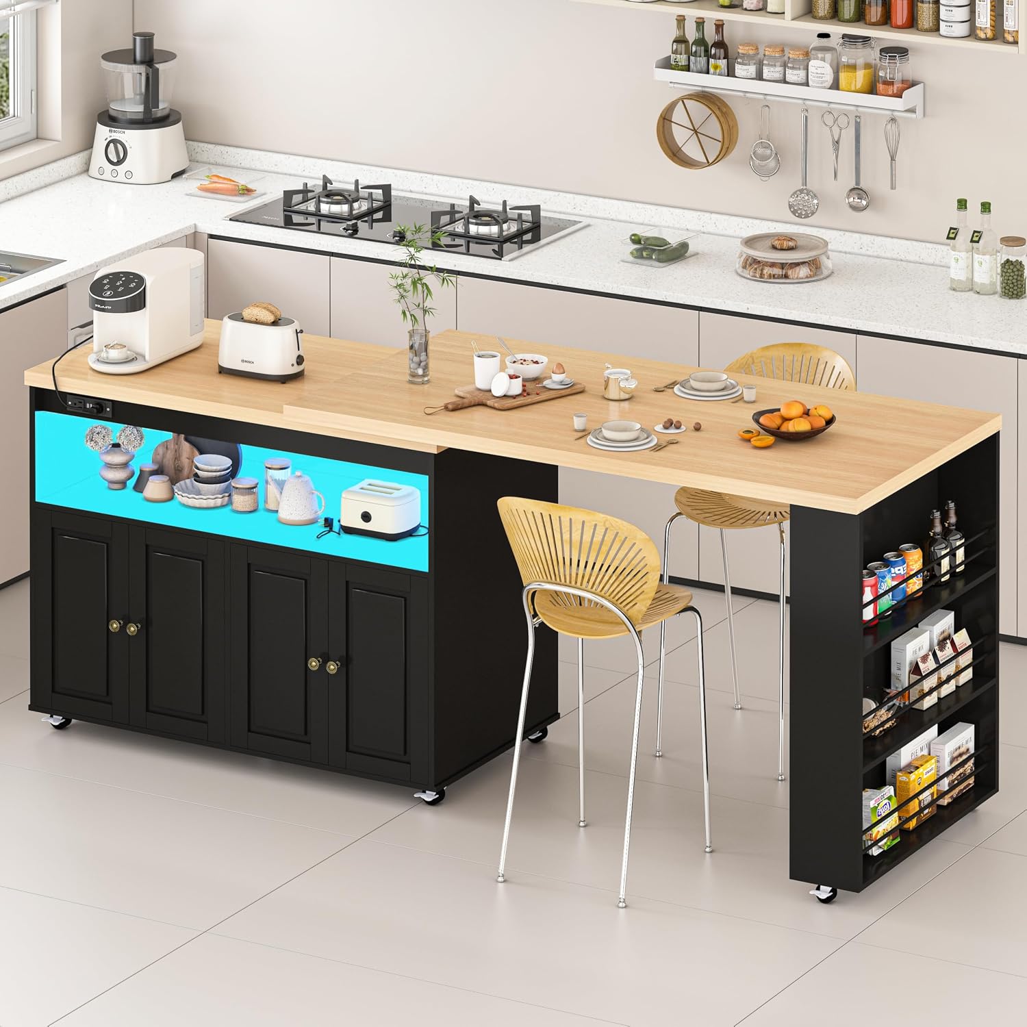 84’’ Rolling Kitchen Island with Swivel Table, Islands Cart with LED Lights, Power Outlet, Movable Storage Cabinet with Side Tabletop on Wheels, for Living Room, Home Bar, Black