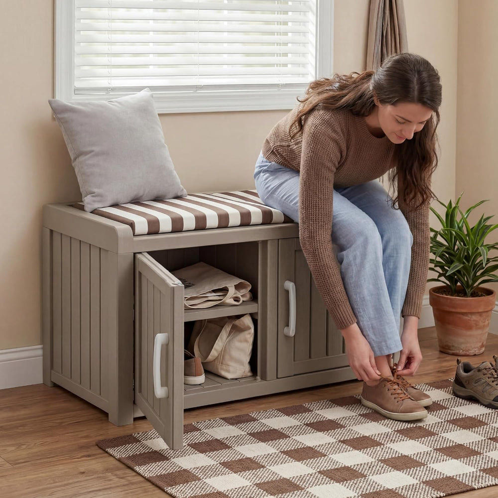 2-Tier Storage Bench, Waterproof UV-Resistant Outdoor Shoe Storage Cabinet, O...
