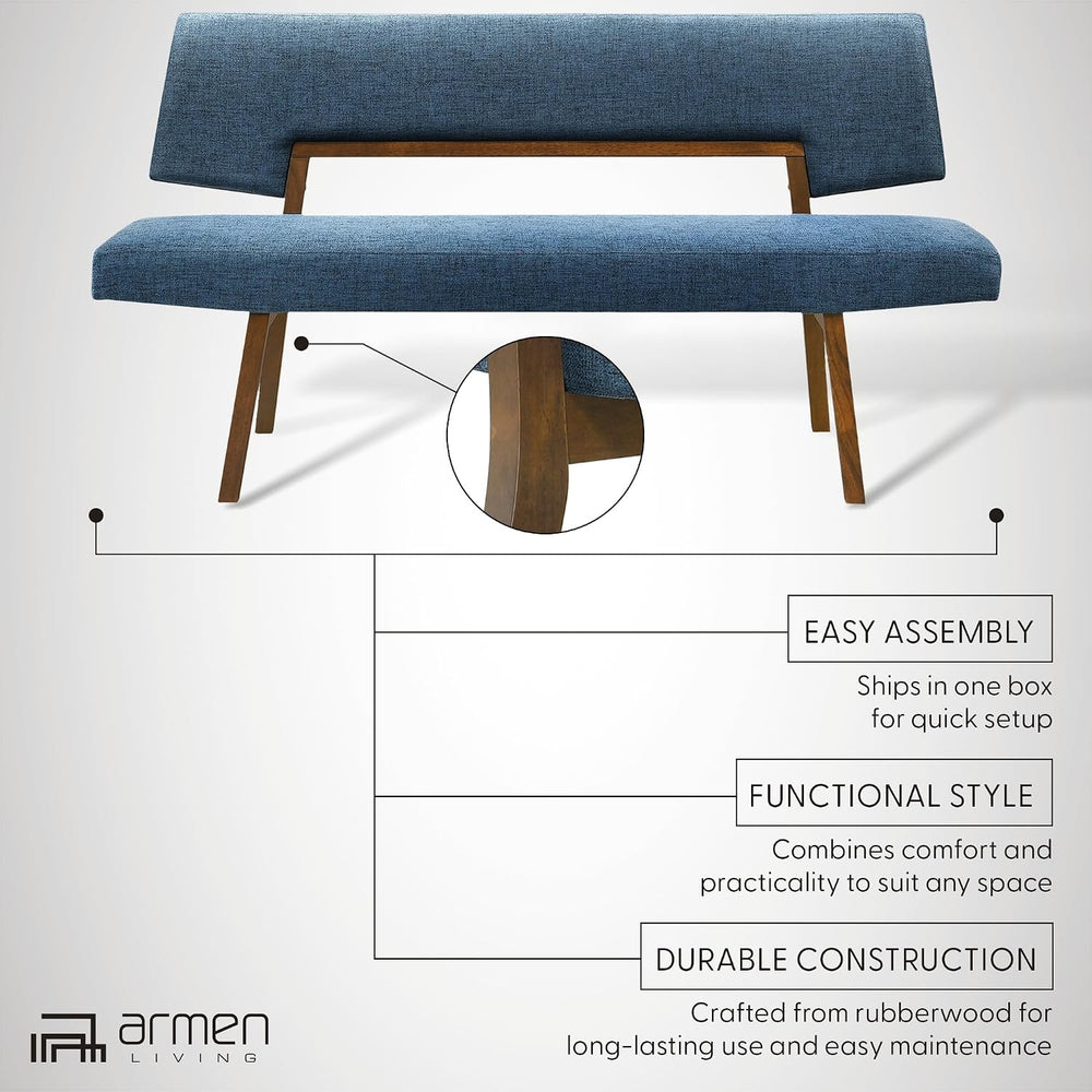 Channell Wood Dining Bench in Walnut Finish with Blue Fabric