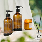 Glass Kitchen Soap Dispenser Set with Ceramic Tray,16.9 floz Hand and Dish Soap Dispenser for Kitchen and Bathroom Decor (Amber Bottles + Black Pumps)