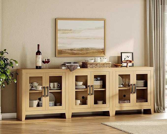 WAMPAT Farmhouse TV Stand for TVs up to 85”, Rustic Wood Entertainment Center with Adjustable Shelf, Glass Doors & Storage, Media Console Cabinet for Living-Room, Bedroom, Oak