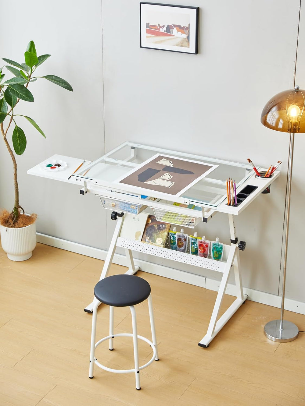 Dancongtea White Adjustable Glass Drafting Table with Chair for Artists | Sli...