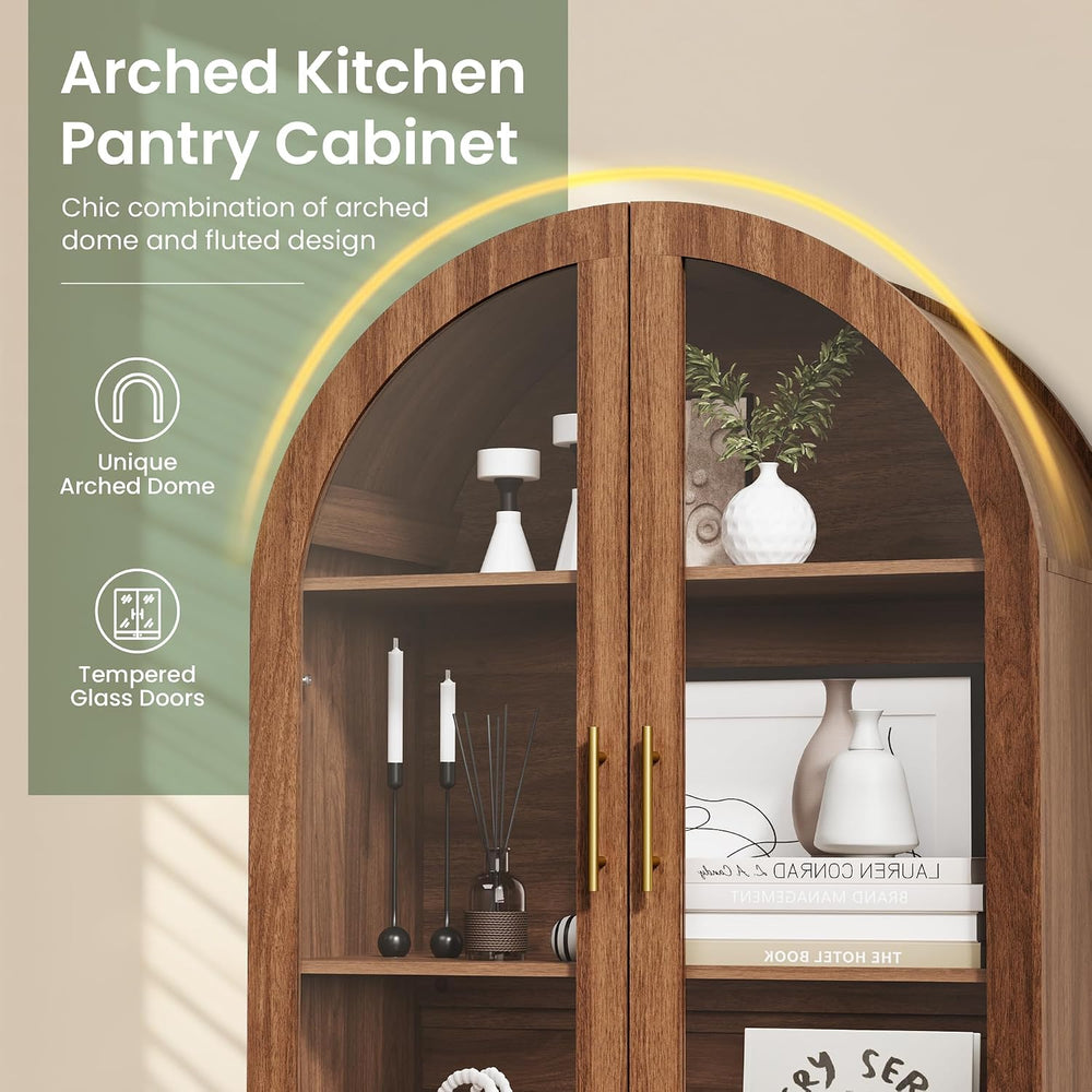 71" Tall Arched Pantry Cabinet, Kitchen Pantry with Glass Doors & Fl...