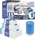 15 Pack Travel Vacuum Storage Bags with Rechargeable Wireless Electric Pump for Luggage, Suitcase, Carry-on Size Vacuum Seal Compression Space Saver Bags for Clothes and Clothing Travel