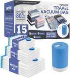 15 Pack Travel Vacuum Storage Bags with Rechargeable Wireless Electric Pump for Luggage, Suitcase, Carry-on Size Vacuum Seal Compression Space Saver Bags for Clothes and Clothing Travel