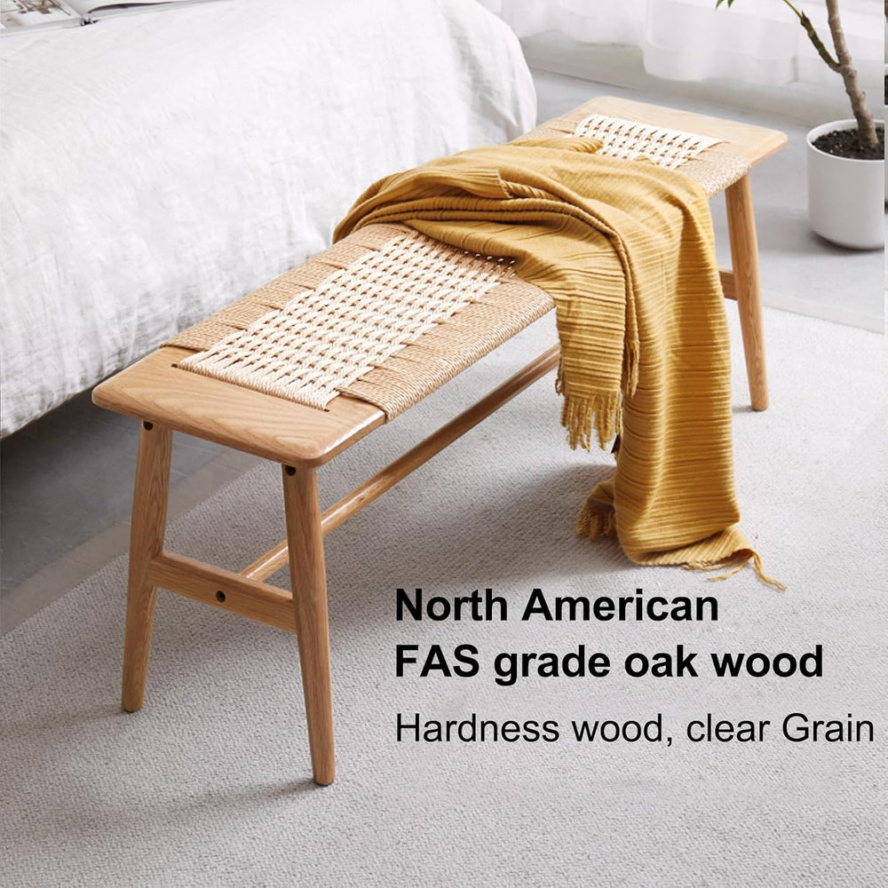 100% Solid Oak Farmhouse Entryway Bench, Wooden Bench Indoor with Hand Woven ...