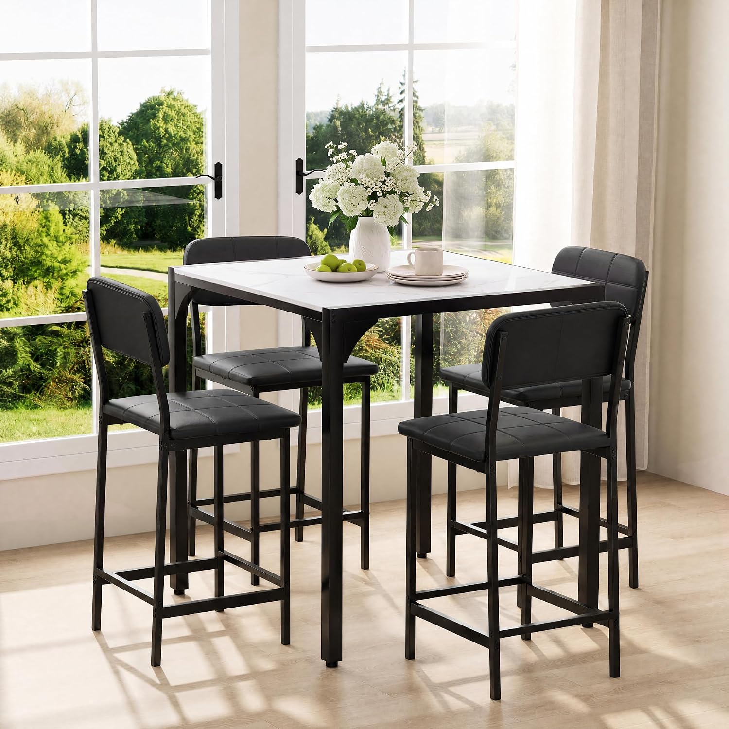 XIAO WEI 5-Piece Counter Height Dining Table Set for 4, Marble-Look, Black | Counter height table, Dining table set for 4, Wide padded chairs, Marble-look top, Space-saving tuck-away frame