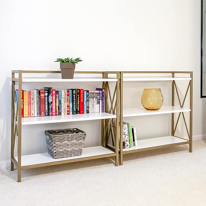 Leick Home Claudette Bookshelf, White Wood, Satin Gold, 3 Shelves, Easy Assembly, 12 in D x 32 in W x 32.25 in H, Item 9261-WTGL