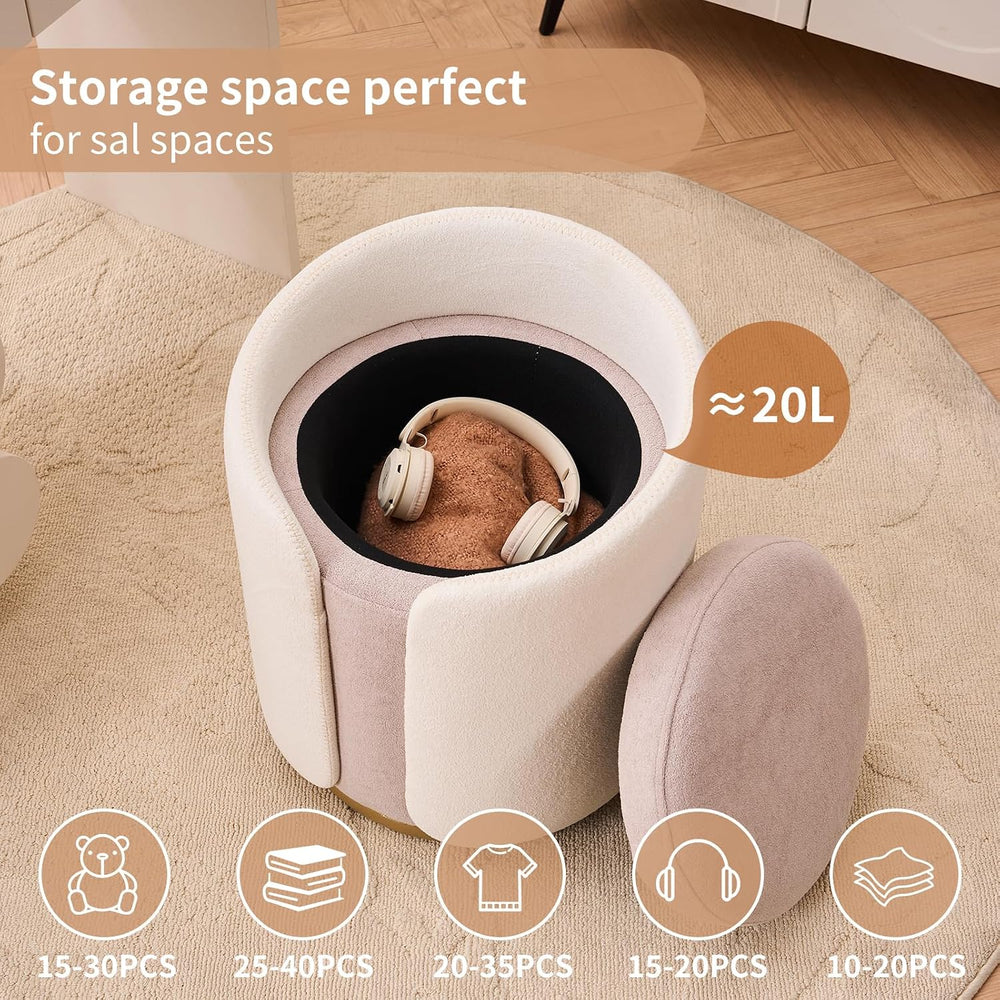 Vanity Chair with Storage, Round Boucle Vanity Stool No Wheels, Swivel Ottoma...