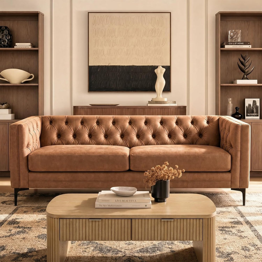 HULALA HOME 84" Faux Leather Sofa, Mid Century Modern 3 Seater Couch, Ca...