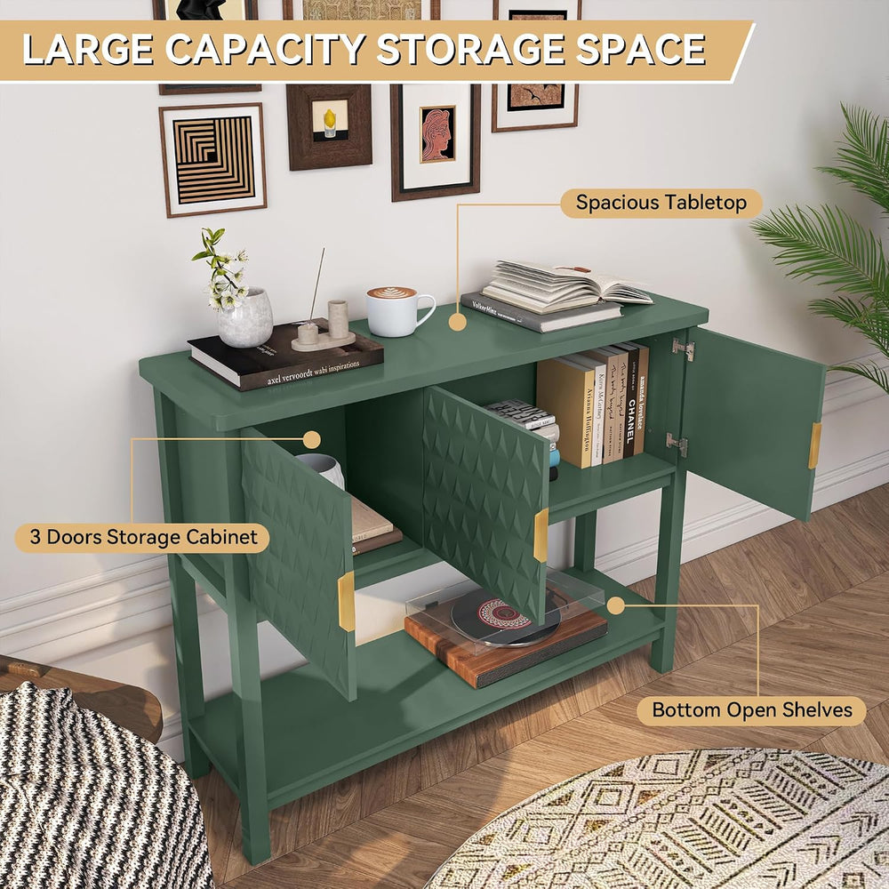 42” Modern Console Table with 3 Diamond Doors & Shelf for Entryway, Green...