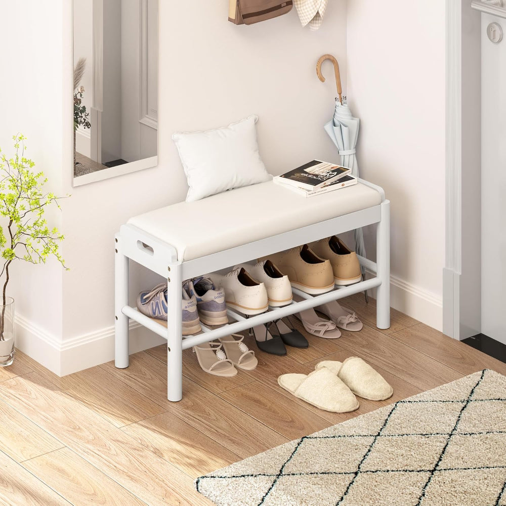 Shoe Storage Bench with Cushion - 2 Tier Shoe Rack for Front Door Entrance, W...