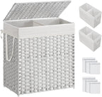 SONGMICS Laundry Hamper with Lid, 110L Clothes Hamper with 2 Removable Liner Bags, 6 Mesh Bags, Wicker Laundry Basket, Double Laundry Hamper for Laundry Room, 13 x 22.4 x 23.6 Inches, White ULCB52WT