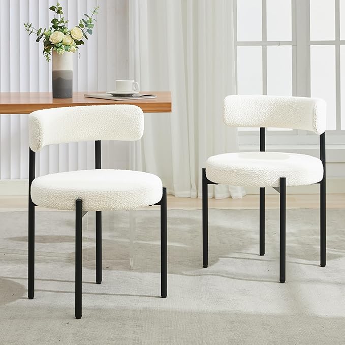 Boucle Dining Chairs Set of 6, Mid Century Modern Dining Room Chairs with Barrel Backrest, Upholstered White Kitchen Chairs for Dining Room, Restaurant