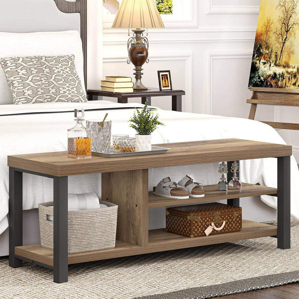 FOLUBAN Shoe Bench for Entryway, Wood and Metal Indoor Bench with Shoe Storag...