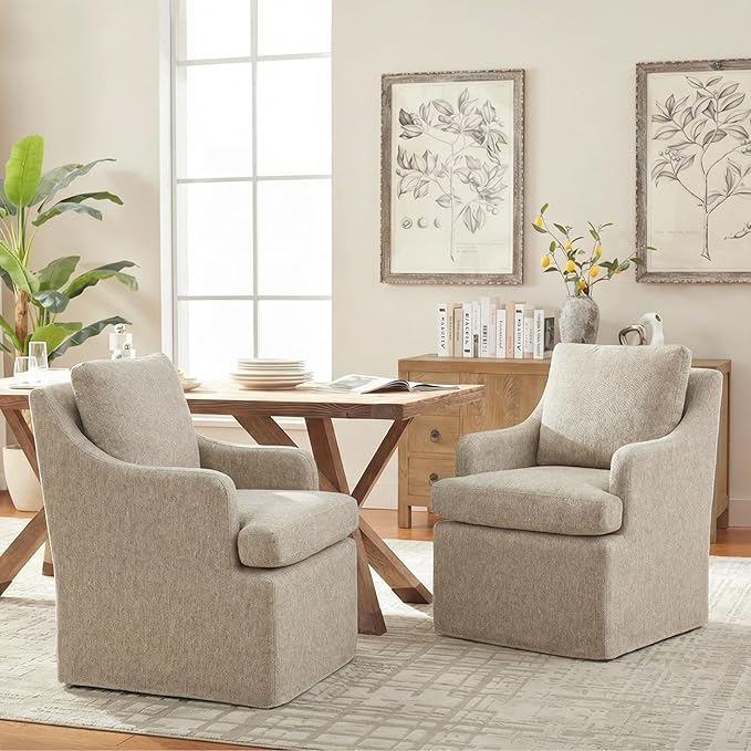 VKNOW Upholstered Dining Chairs Set of 4, Modern Kitchen Chairs Dinner Chairs with 4 Casters, Chenille Armchair for Bedroom Reading Room Living Room, Brown