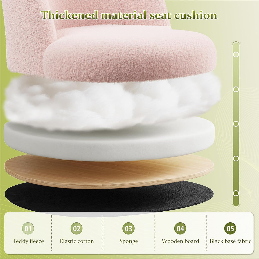 DurayLoly Vanity Chair with Wheels, Cute Desk Chair with Back, Armless Chair with Height Adjustable & 360° Swivel, Soft Lumbar Support for Small Space, Bedroom, Gentle Pink