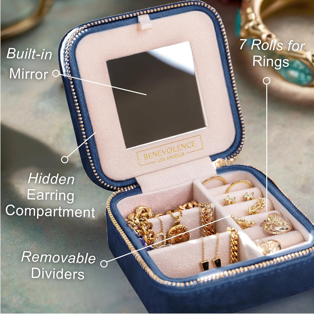 Benevolence LA Plush Velvet Jewelry Box | Travel Jewelry Case Organizer with Mirror | Featured in Oprah's Favorite Things | Best Gifts For Daughter, Girlfriend, Mom | Gifts For Her - Navy Blue