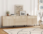 WAMPAT Fluted TV Stand for TVs up to 100 inchs, 3 in 1 Modern Entertainment Center with Storage Cabinets and 5 Drawers & 4 Doors, Wood Media TV Console Table with Storage for Living Room, Beige