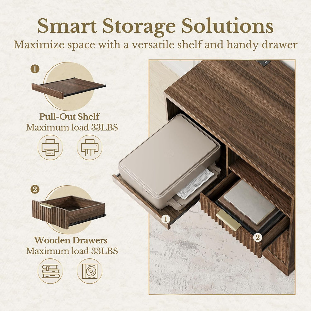 3 Drawer File Cabinet, Fluted Wood Lateral Filing Cabinet with Charging Stati...