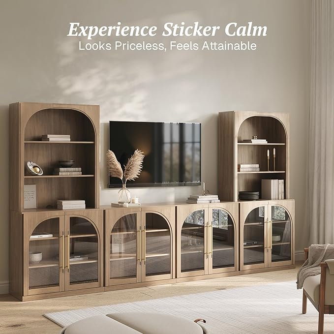 BELLEZE 6-Piece Modular TV Stand Set - 4 Arched Glass Door Entertainment Center & 2 Hutch Storage Units, Classic Modern Large Media Console with Adjustable Shelves for Living Room Family Room, Camel