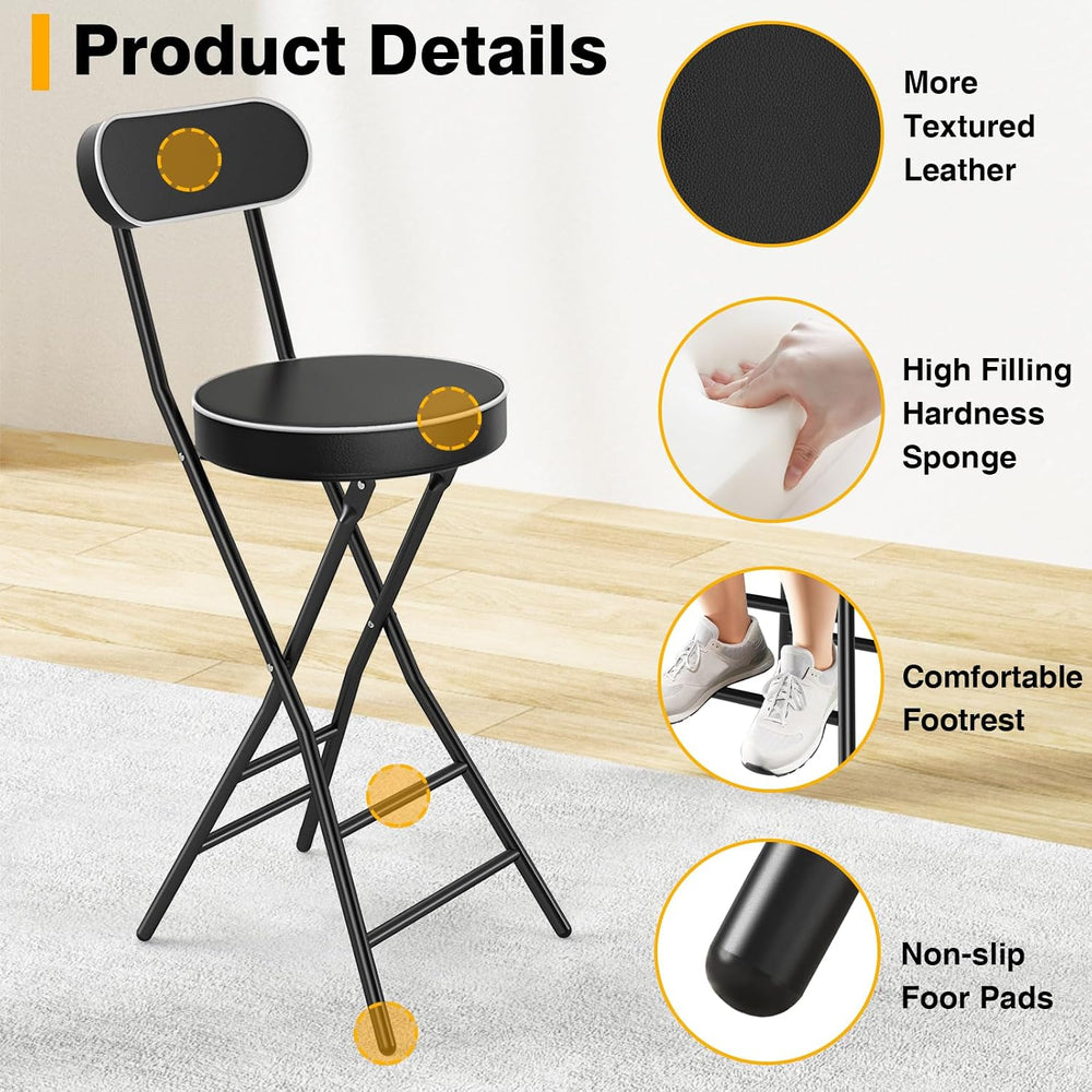 Folding Stool with Back Support, 24 Inch Portable Collapsible Bar Stool | wit...