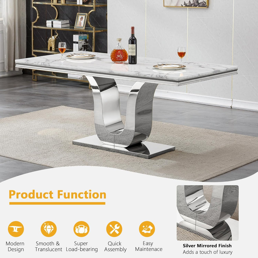Faux Marble Dining Table for 4 to 6, 68 inch Luxury Dining Room Table with Wh...