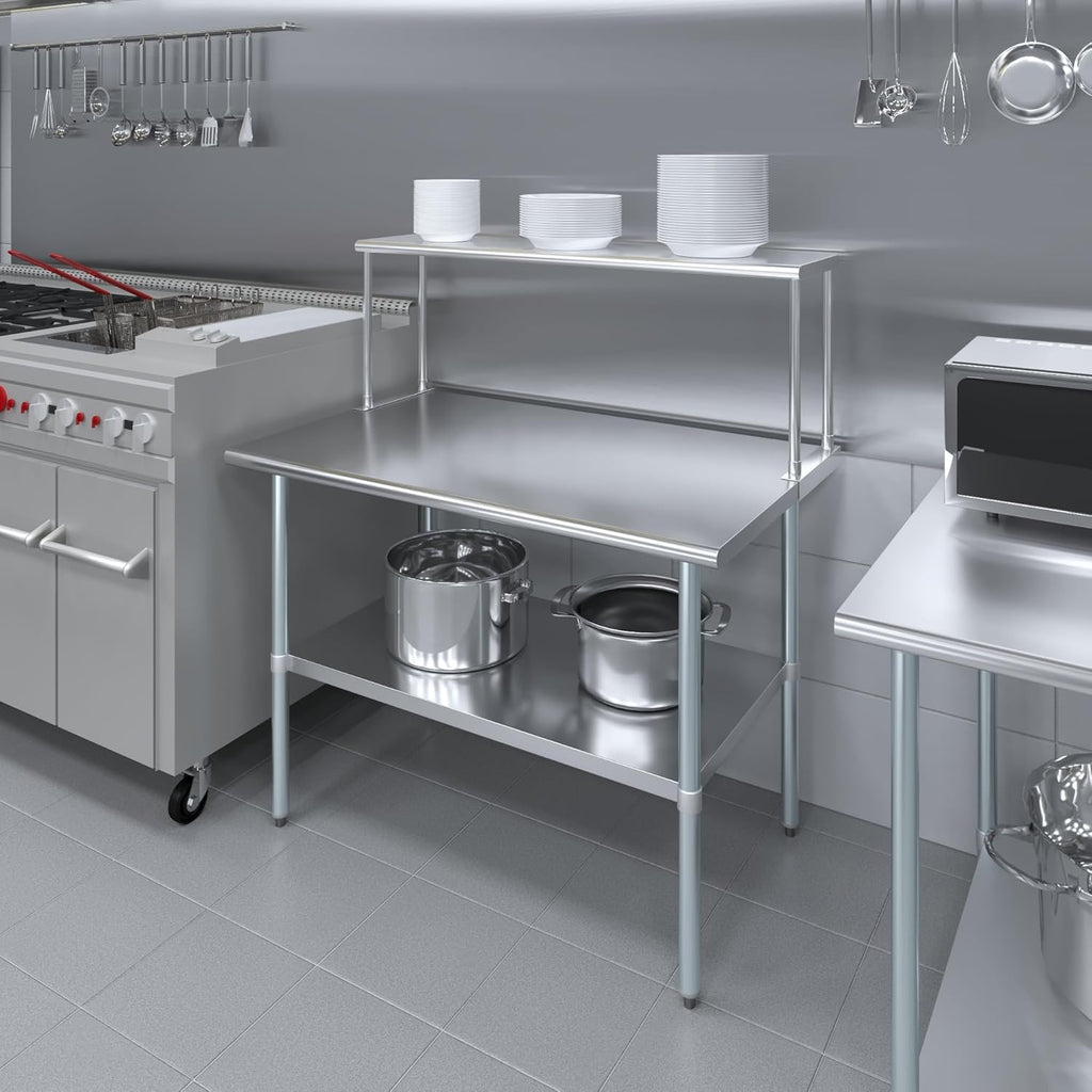 Stainless Steel Work Table with Wide Single Tier Overshelf | Metal Kitchen Prep Table & Shelving Combo (30" x 48" Work Table + 12" Overshelf)