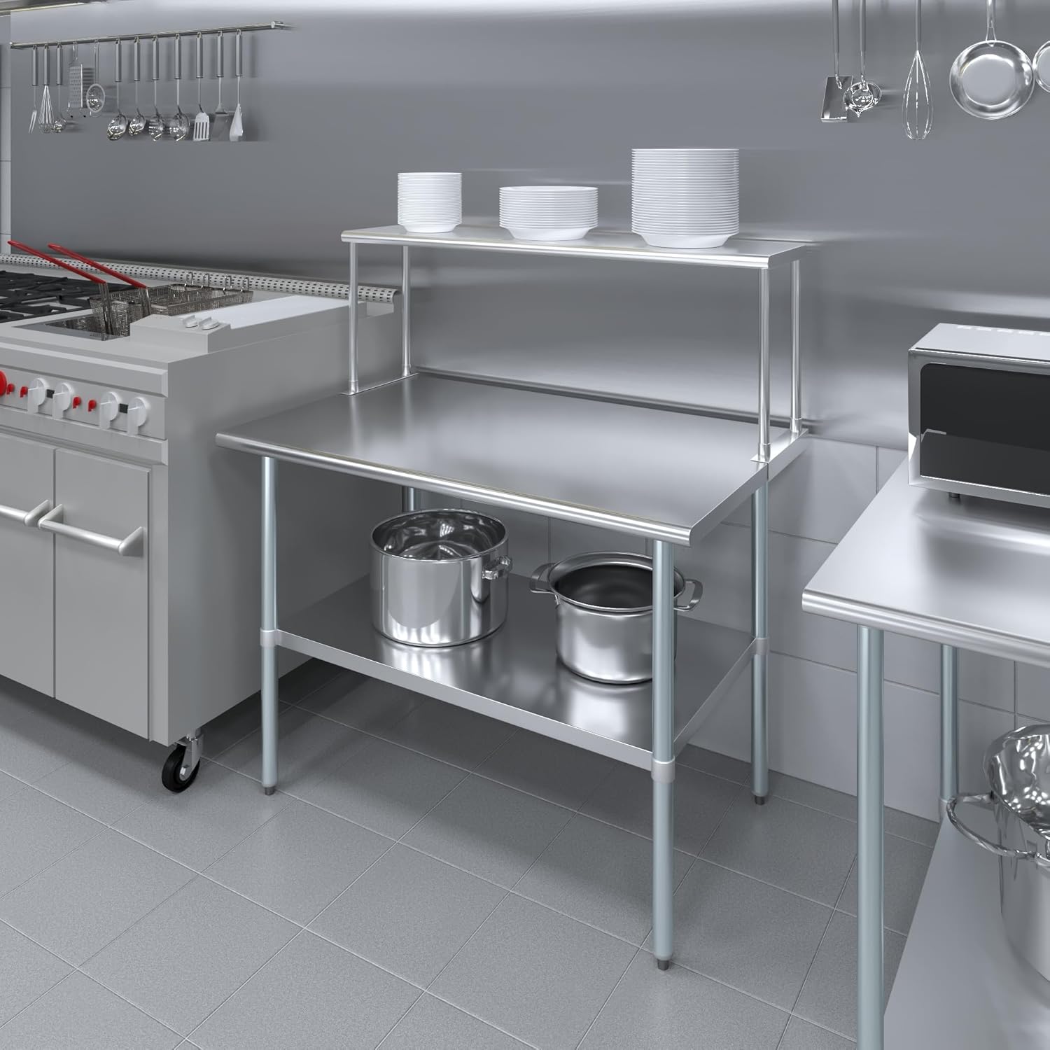 Stainless Steel Work Table with Wide Single Tier Overshelf | Metal Kitchen Prep Table & Shelving Combo (30" x 48" Work Table + 12" Overshelf)