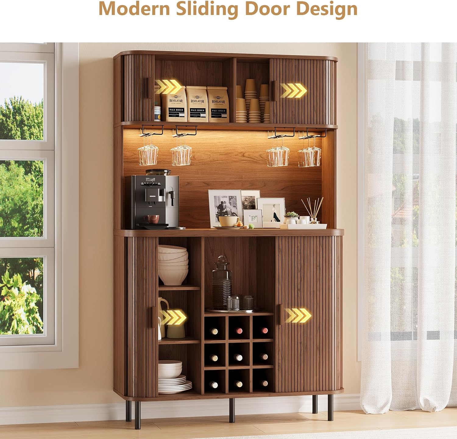 ONBRILL 71" Tall Wine Bar Cabinet with Storage (Walnut) | Fluted Liquor Cabinet, Modern Coffee Bar Cabinet, Large Home Bar, with LED Lights, Power Outlet, for Living Room, Kitchen