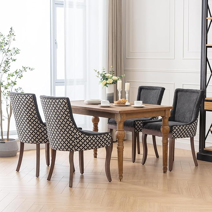 Dining Chairs Set of 4, Kitchen & Dining Room Chairs, Fabric Upholstered Dinning Chairs, Sillas De Comedor, Nailhead Trim, Wood Legs (Black, Pattern, 4 Pcs)