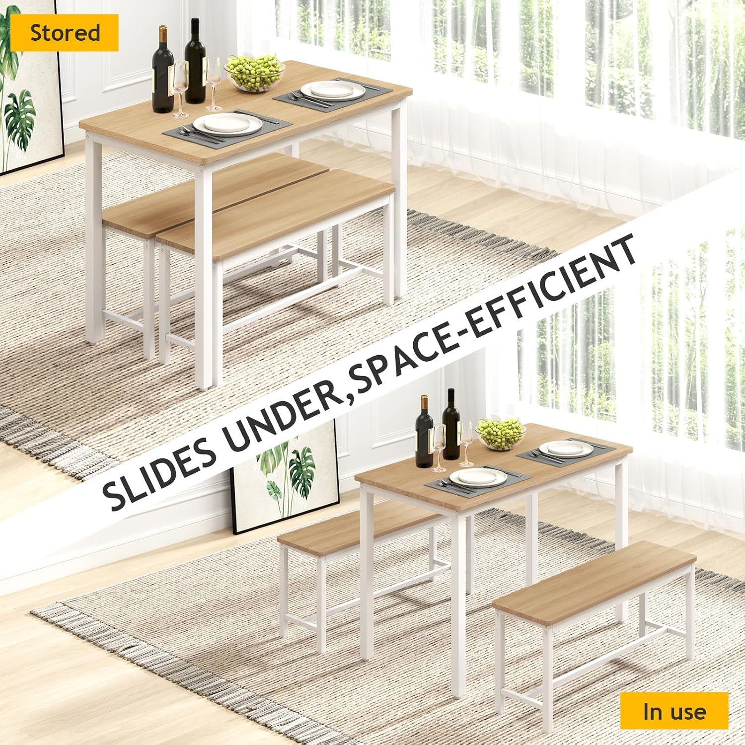 Rovibek 43" Dining Room Table Chairs Set for 4, Modern Space Saving Kitchen Table with 2 Benches & Adjustable Feet Breakfast Table, Wooden Industrial Style Farmhouse, White