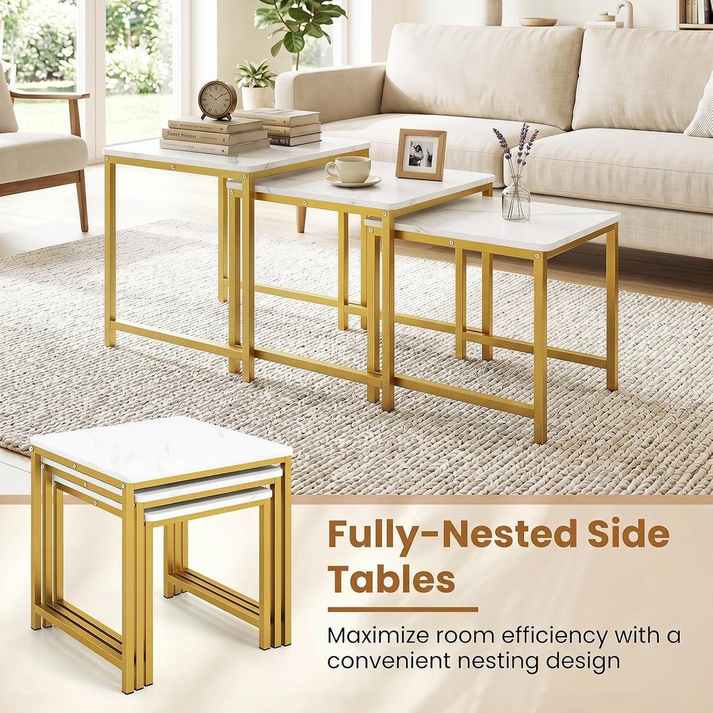 Giantex Nesting Coffee Table Set of 3, Small Center Tables, White | Faux Marb...