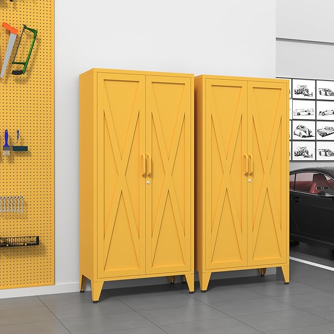 Heavy Duty 61" Lockable Pantry Cabinet, 2-Door 4-Tier Storage Cabinet with 3 Adjustable Shelves, Yellow Metal Kitchen Cabinet for Kitchen, Living Room, School Tool Storage, 61"H X 27.6"W X 13.8"D