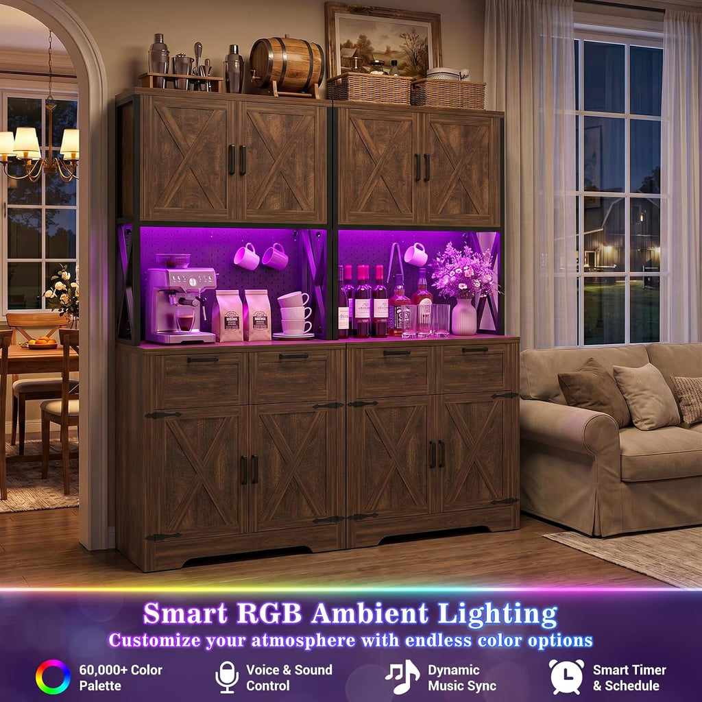 Unikito 71" Tall Kitchen Pantry Cabinet with Microwave Countertop, 63" Wide Pantry Storage Cabinet with Charging Station & LED Lights,Large Kitchen Hutch Cabinet with Drawers, Weathered Brown