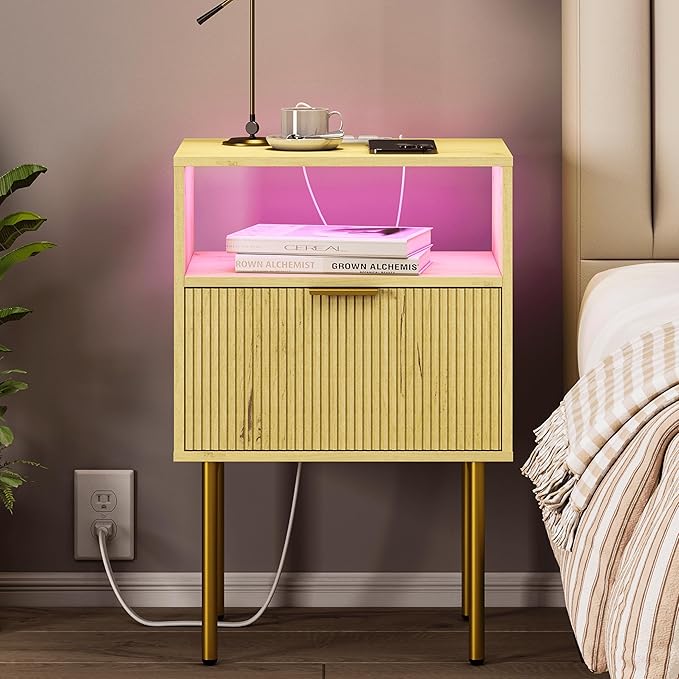 Nightstand with Charging Station, Bedside Table with Storage Drawer, Fluted S...