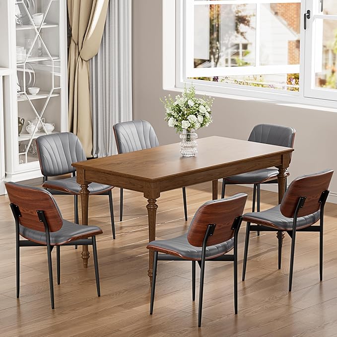 Dining Chairs Set of 2, Dining Room and Kitchen Chairs, Mid Century Modern Accent Chair, Upholstered PU Leather Chairs for Vanity with Walnut Bentwood and Metal Legs, Gray