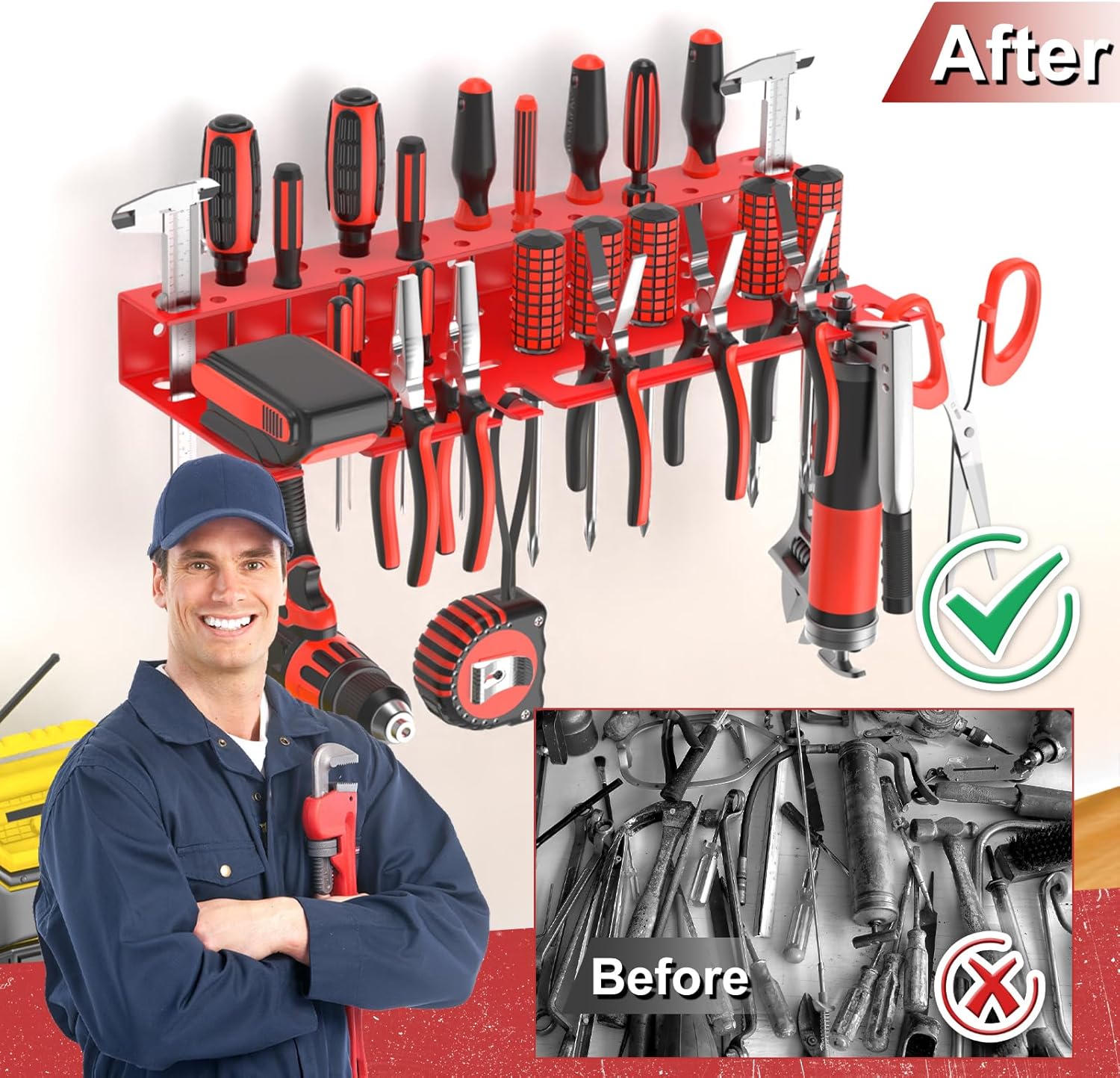 Metal Screwdriver Organizer, Wall Mount Plier Organizer Hammer Holder, Hand Tool Storage Rack for Garage Workshop Workbench(Red, 1PC)