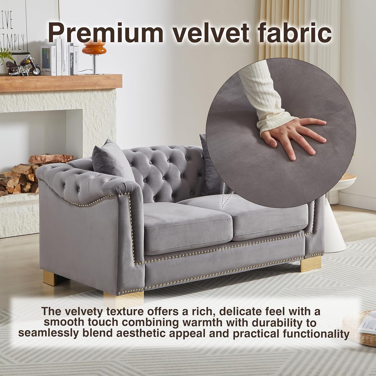 Harper & Bright Designs 62" Chesterfield Sofa Velvet Two-Seater, Modern Classic Rolled Arm Button Tufted Sofa with Nailhead Decor, Cloud Couch Loveseat for Living Room, Apartment (Grey)