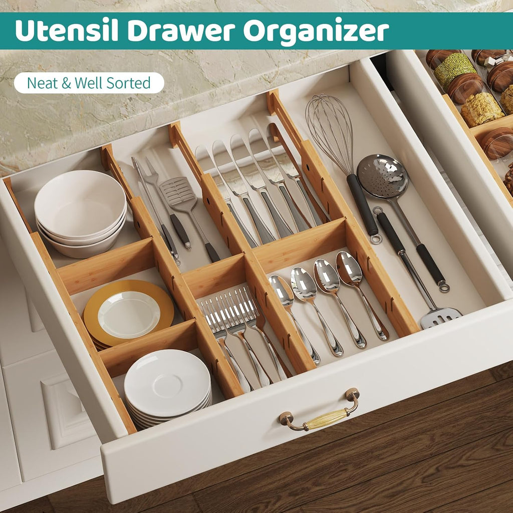 6 Pack Bamboo Drawer Dividers with Inserts, Kitchen Adjustable Drawer Organizers, Expandable Organization for Home, Dressers, 6 Dividers with 12 Inserts