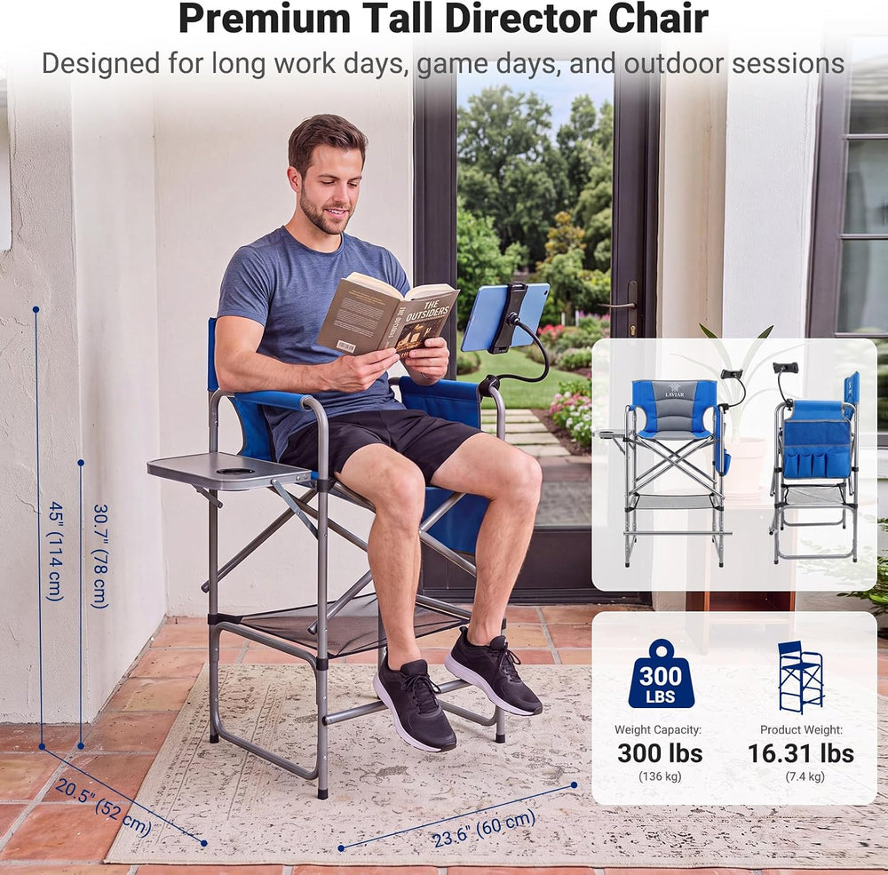 Tall Foldable Directors Chair with Tablet Holder for Camping